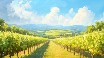 Fototapeta premium Vibrant vineyards under a sunny sky with rolling hills and lush greenery creating a picturesque landscape for wine enthusiasts and travelers.