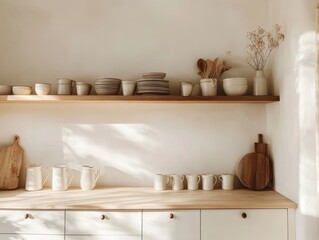 Fototapeta premium Minimalist Kitchen Shelf With Neutral Colored Dishes And Utensils