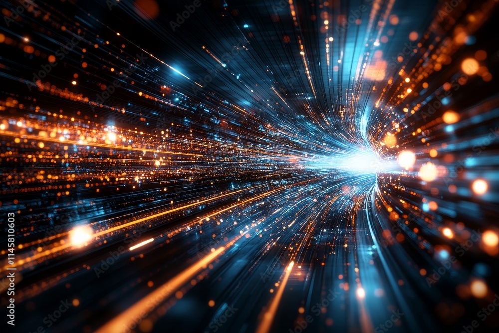 Poster energetic light burst creating a vortex effect with vibrant colors and particles in a dynamic cosmic