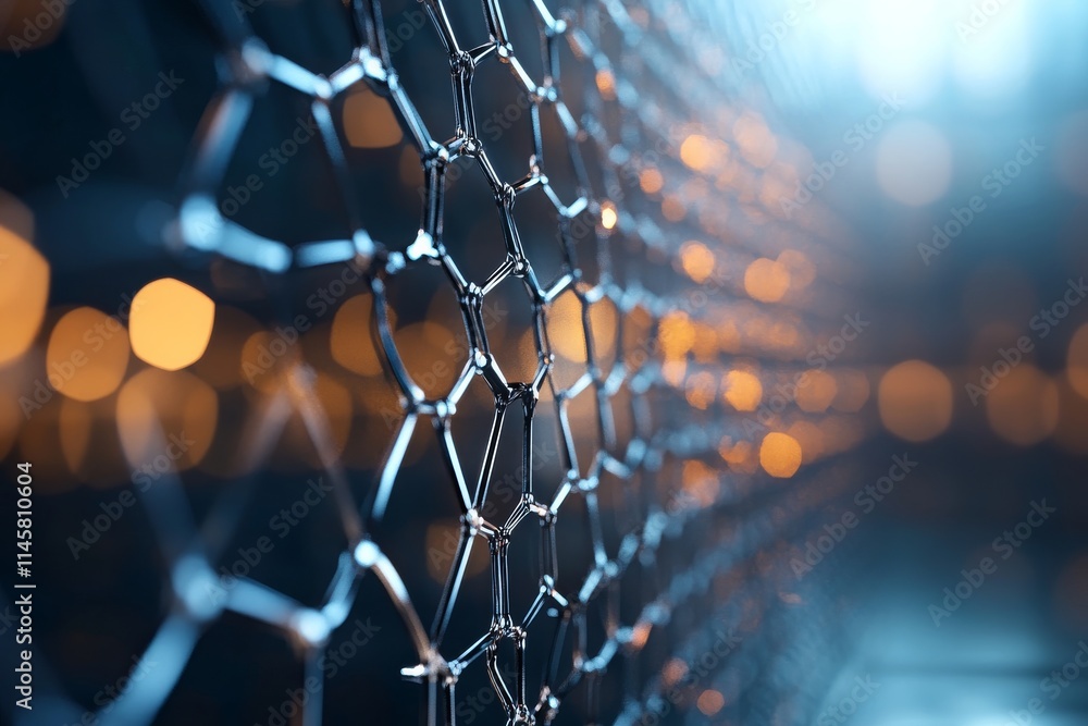 Aufkleber close-up view of metallic hexagonal structure under soft lighting at night