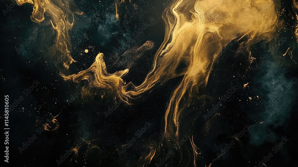 Poster abstract movement of gold smoke swirling on a deep black background creating a mesmerizing and elega