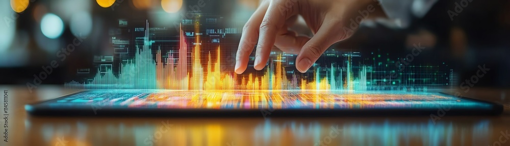 Poster hand interacting with digital financial graphs on a tablet, visualizing realtime data analytics, sho