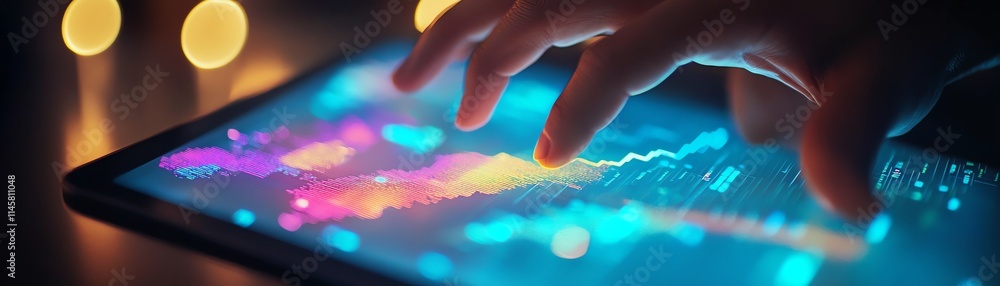 Poster hand interacting with digital financial graphs on a tablet, visualizing realtime data analytics, sho