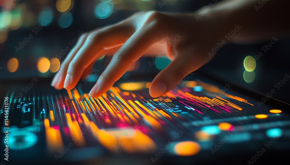 Poster hand interacting with digital graphs on a tablet, visualizing financial data and realtime analytics,