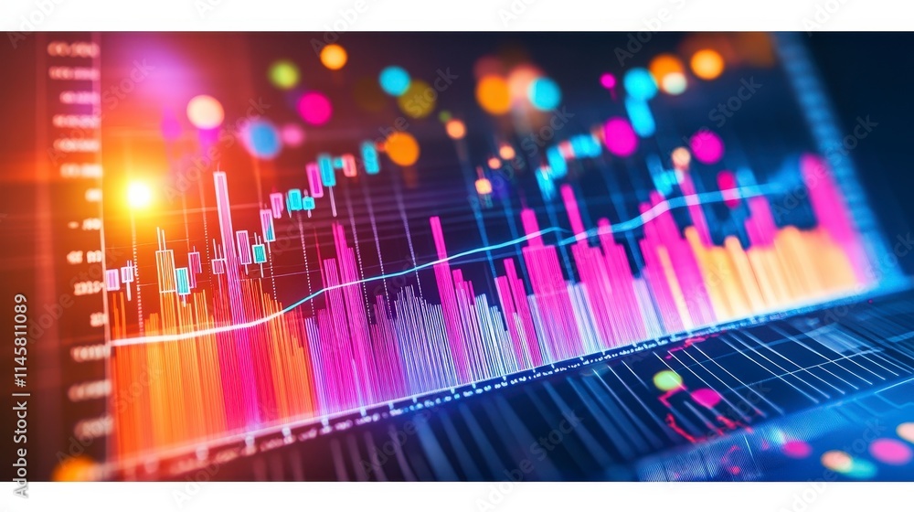 Poster abstract vibrant colorful financial chart with candlestick and line graphs displayed on a digital sc