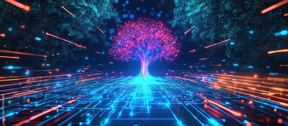 Poster digital education hub symbolized by a glowing tree surrounded by vibrant data streams representing o