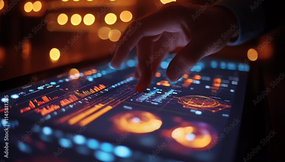 Poster hand interacting with dynamic digital graphs on a tablet, highlighting realtime financial data, mode