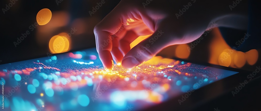 Poster hand interacting with dynamic financial graphs on a tablet, showcasing realtime analytics, emphasizi