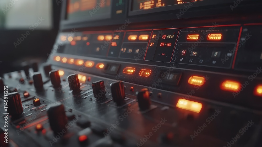 Poster close-up view of a vintage-style control panel with illuminated buttons and digital displays. the wa