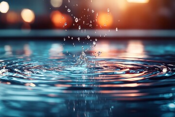 Water droplets create ripples in a pool reflecting evening lights during a tranquil moment