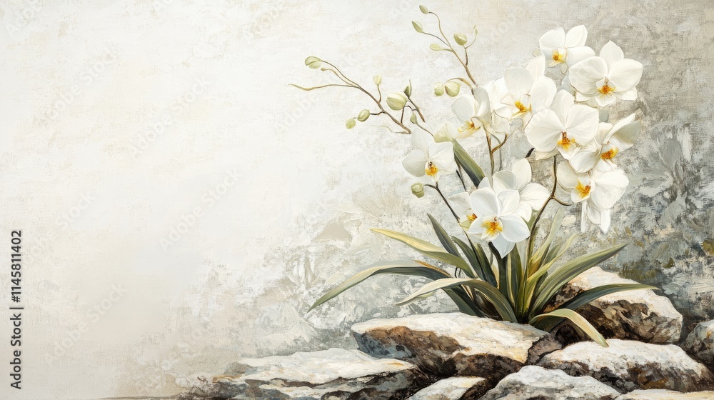 Poster elegant white orchids in serene setting with smooth stones and soft background for tranquil decor an