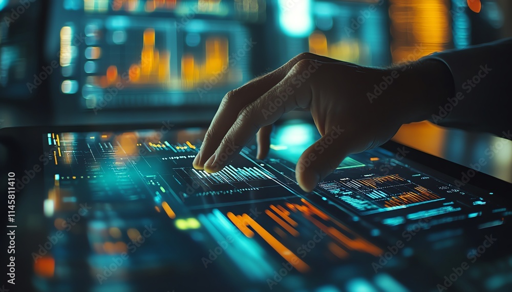 Poster hand tapping on a tablet with digital financial graphs, showcasing realtime data analytics and moder