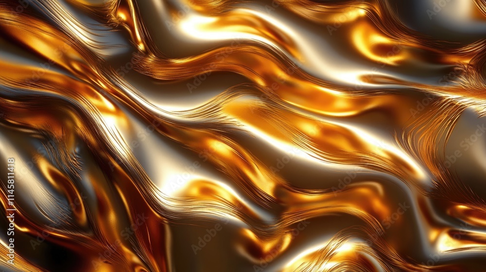 Poster golden polished metal abstract texture with flowing waves and shimmering reflections suitable for ba