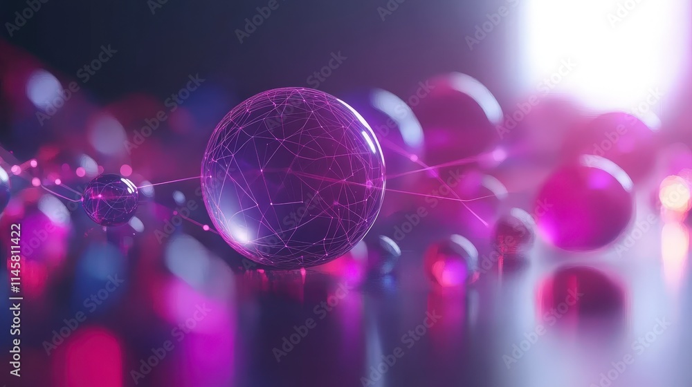 Poster a dark, glassy surface reflects glowing pink spheres connected by luminous lines. the central sphere
