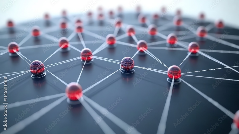 Poster a network of interconnected red spheres linked by white lines symbolizes data flow communication and
