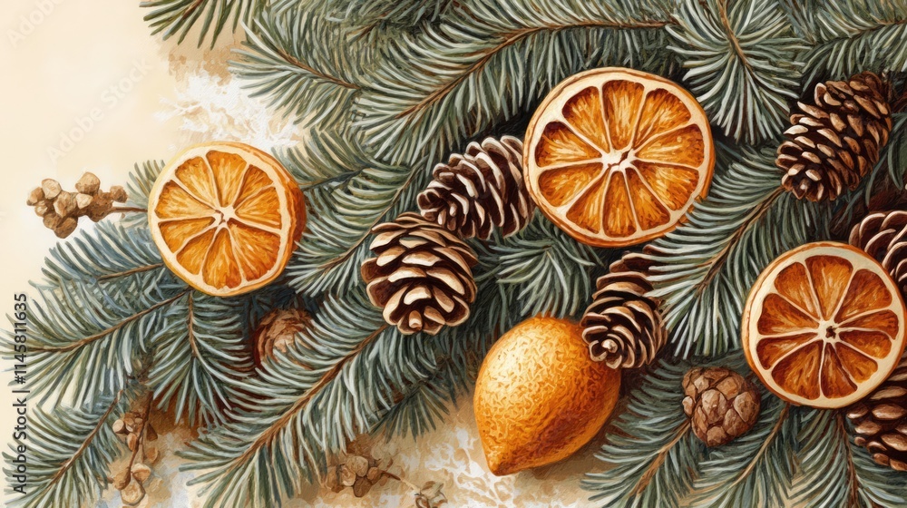 Poster pine branches adorned with pine cones and dried orange slices creating a rustic winter themed backgr