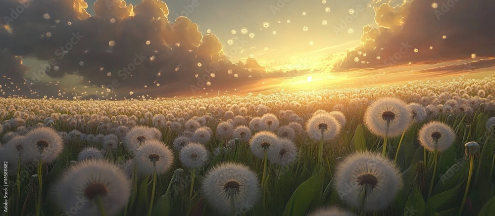 Poster dandelion field at sunset with fluffy flowers illuminated by soft golden light and clouds creating a