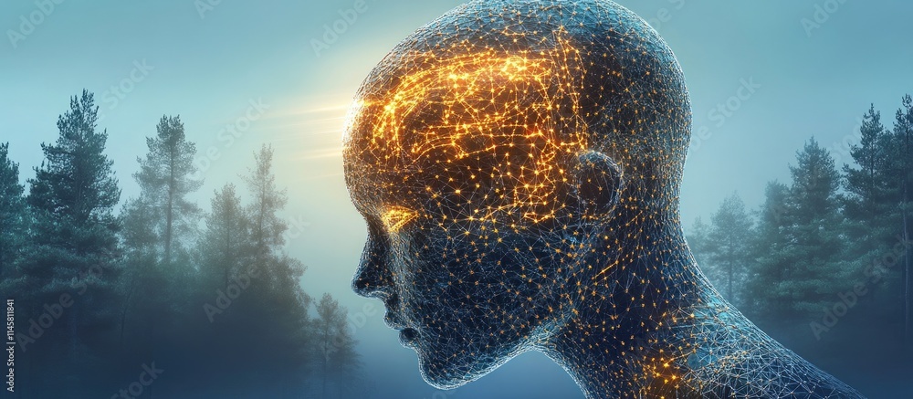 Poster artificial intelligence concept with digital brain and nature background
