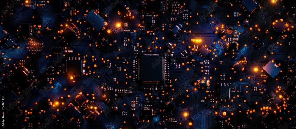 Aufkleber closeup of a vibrant circuit board showcasing processors and various surface mounted components in a