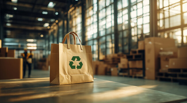 A paper bag with the green recycling symbol is placed on an industrial table in front of cardboard boxes inside an empty warehouse, with blurred workers walking around and sunlight