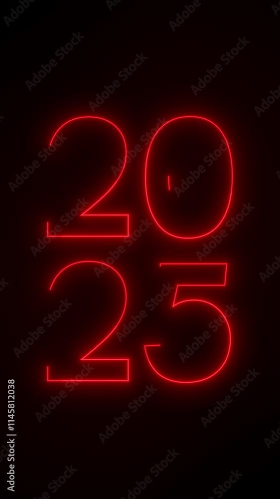 Poster vertical video animation of abstract neon lights with the numbers 2025 in red over dark background -
