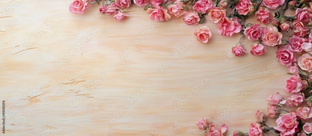 Poster pink roses framing a light wood background creating a perfect space for personalized text or message