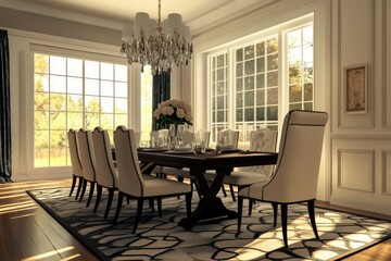 Fototapeta premium Elegant Contemporary Dining Room. Luxurious Interior Design Featuring Stylish Furniture and Chic Decor