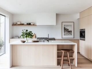 Modern minimalist kitchen island design with light wood cabinetry