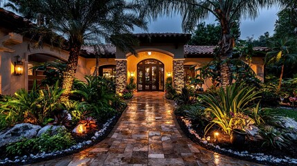 Obraz premium Luxurious Mediterranean villa entrance illuminated at twilight with a stone pathway and tropical landscaping.