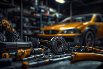 Various car spare part on the garage floor on a car background, auto repair shop or auto parts store concept...