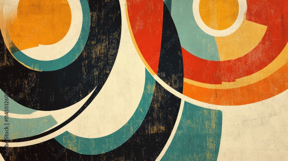 Poster retro abstract background with circular shapes and vibrant colors for vintage style design projects.