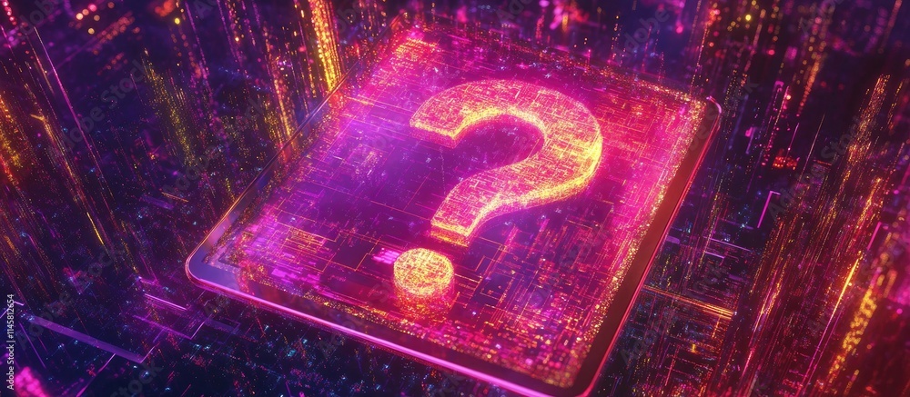 Poster colorful digital question mark on tablet background representing communication inquiry and technolog