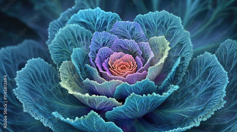 Poster vibrant close-up of textured cabbage leaves showcasing intricate patterns and colors in a stunning n