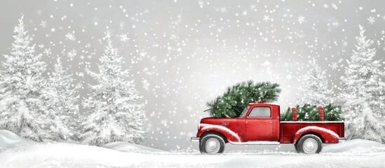 Naklejka premium Vintage red truck delivering a Christmas tree in snowy landscape with silver spruce trees celebrating winter holiday spirit