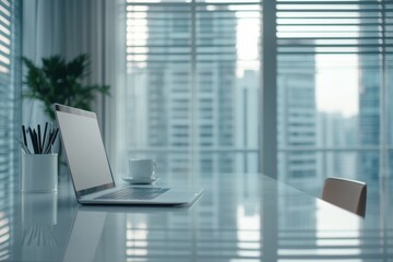 Fototapeta premium Modern workspace with laptop and coffee cup in a city view setting during daylight hours