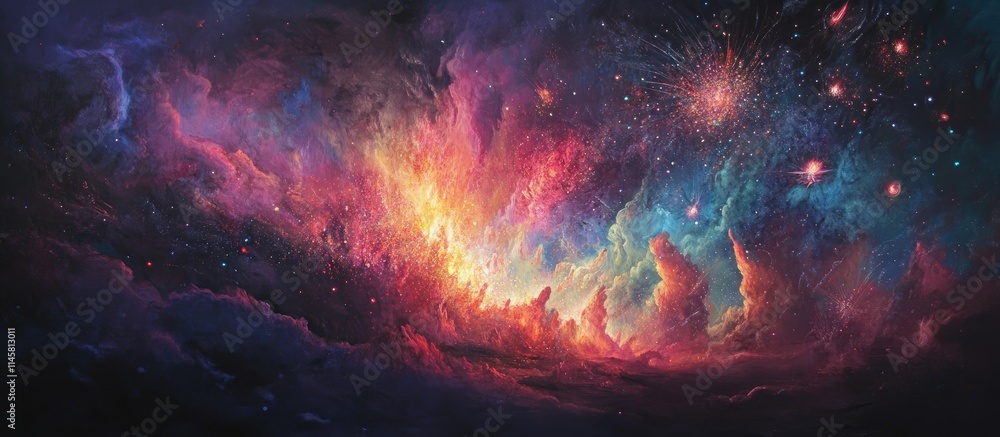 Poster vibrant cosmic explosion with bright colors and swirling patterns reminiscent of a fireworks display