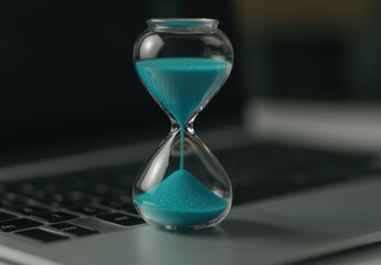 Elegant hourglass with blue sand on modern laptop background