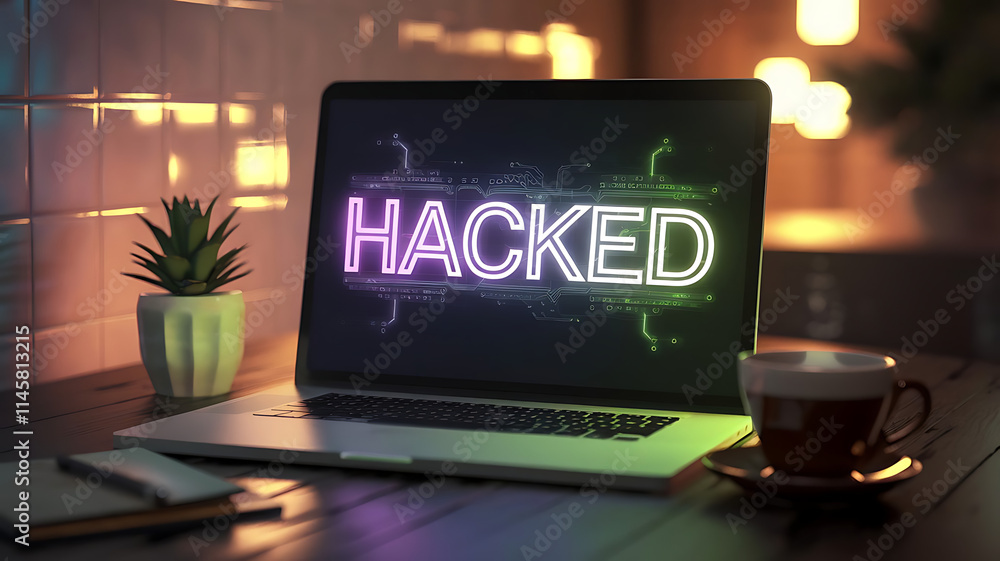 Poster cybersecurity hack, cyber attack warning with digital breach notification, laptop with hacking messa