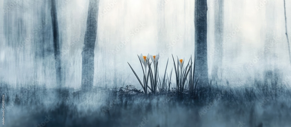 Aufkleber crocus flower leaves emerging in misty forest with soft white blur creating a serene and ethereal na
