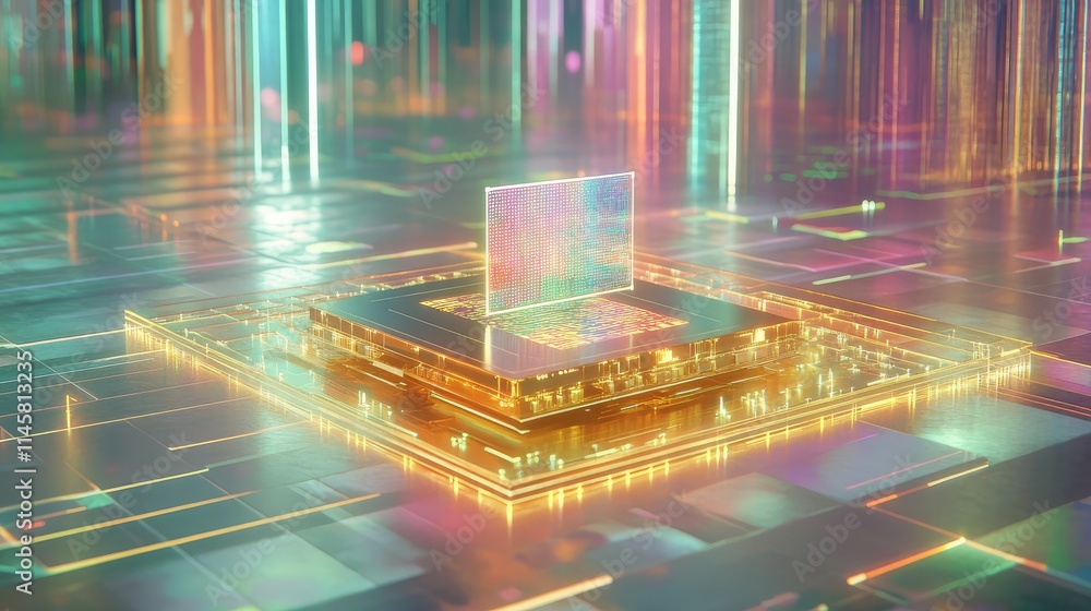 Poster a microchip surrounded by a network of holographic data projections, set against a futuristic grid b