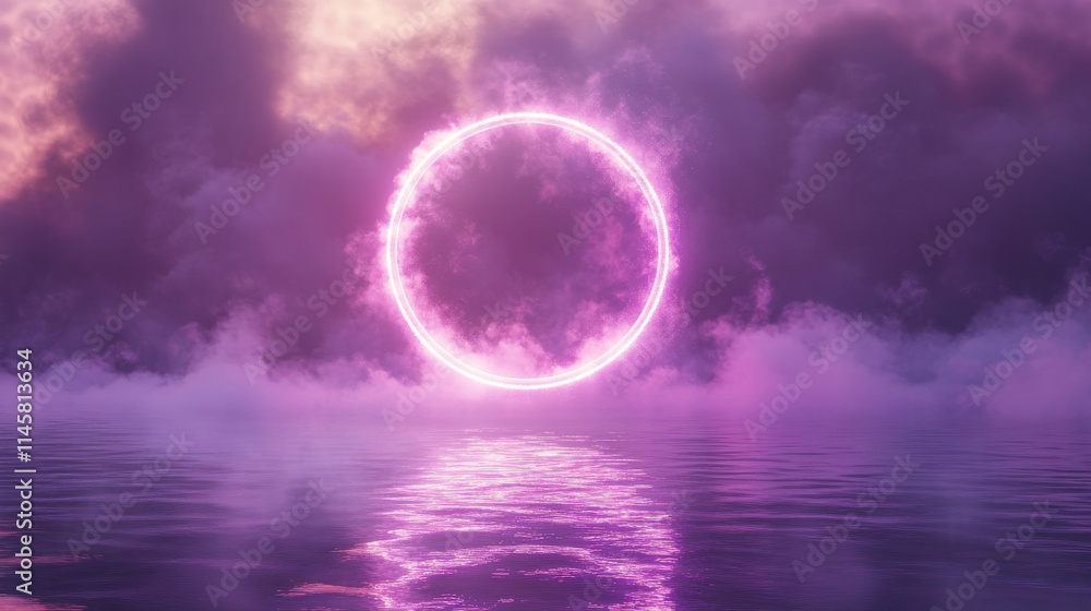 Poster neon circle frame with smoke on water surface. round glowing frame with magic light among soft cloud