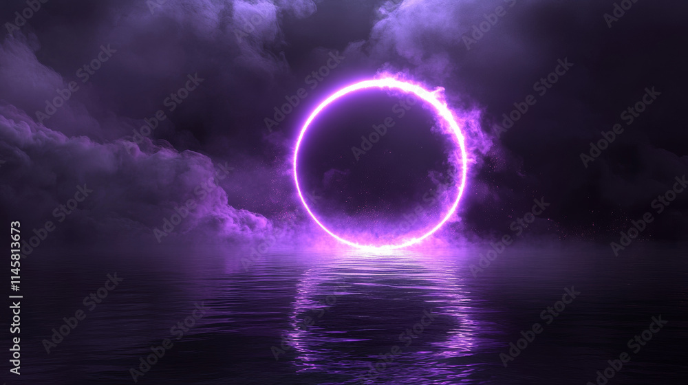 Poster neon circle frame with smoke on water surface. round glowing frame with magic light among soft cloud