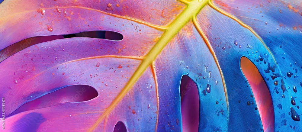 Poster vivid macro shot of monstera leaf highlighting intricate patterns and colors perfect for botanical d