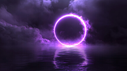 Neon circle frame with smoke on water surface. Round glowing frame with magic light among soft clouds. Purple ring with bright sparkles and flares, Realistic 3d vector abstract mysterious background