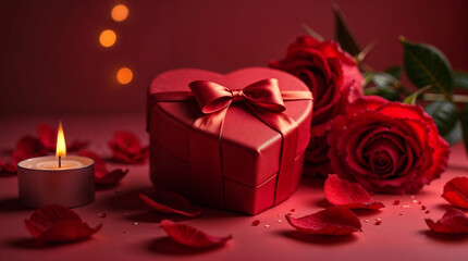 a red heart-shaped box with a luxurious red ribbon, around it there are several red rose petals, 2 red roses and roses, as well as a small classic white candle