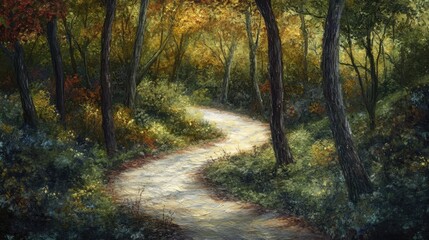 Serene winding forest path with vibrant foliage and soft sunlight creating a peaceful natural ambiance in autumn settings