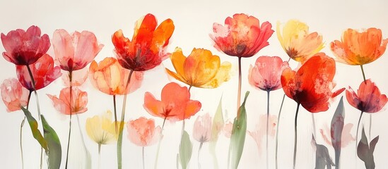 Vibrant watercolor tulips in shades of red and orange gracefully arranged against a soft white background for a fresh and elegant look