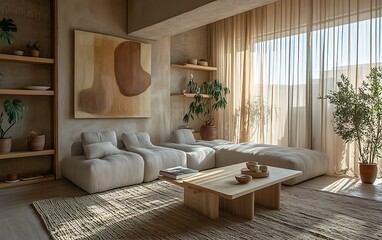 Sunlit minimalist living room with beige modular sofa, wooden coffee table, shelves, plants, and abstract art.