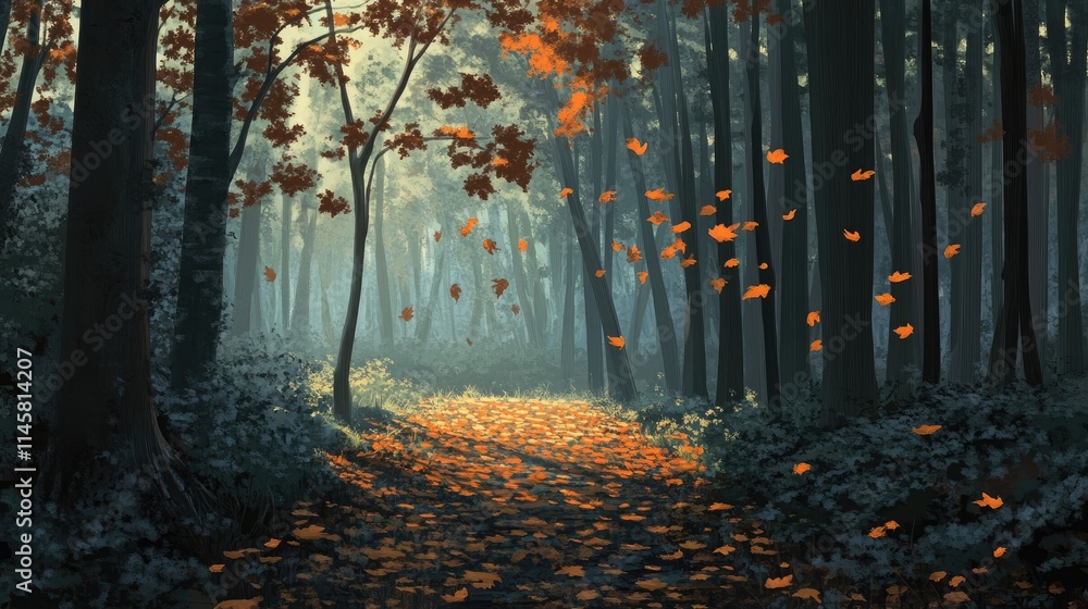 Poster autumn forest pathway with fallen leaves and soft sunlight filtering through the trees creating a se