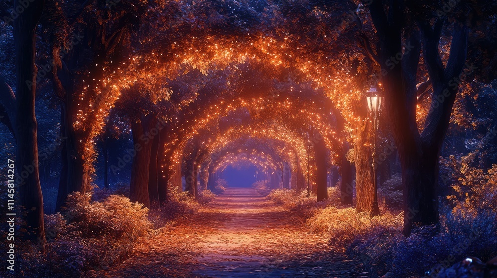 Poster magical illuminated path through trees in an autumn park creating a serene evening atmosphere with w